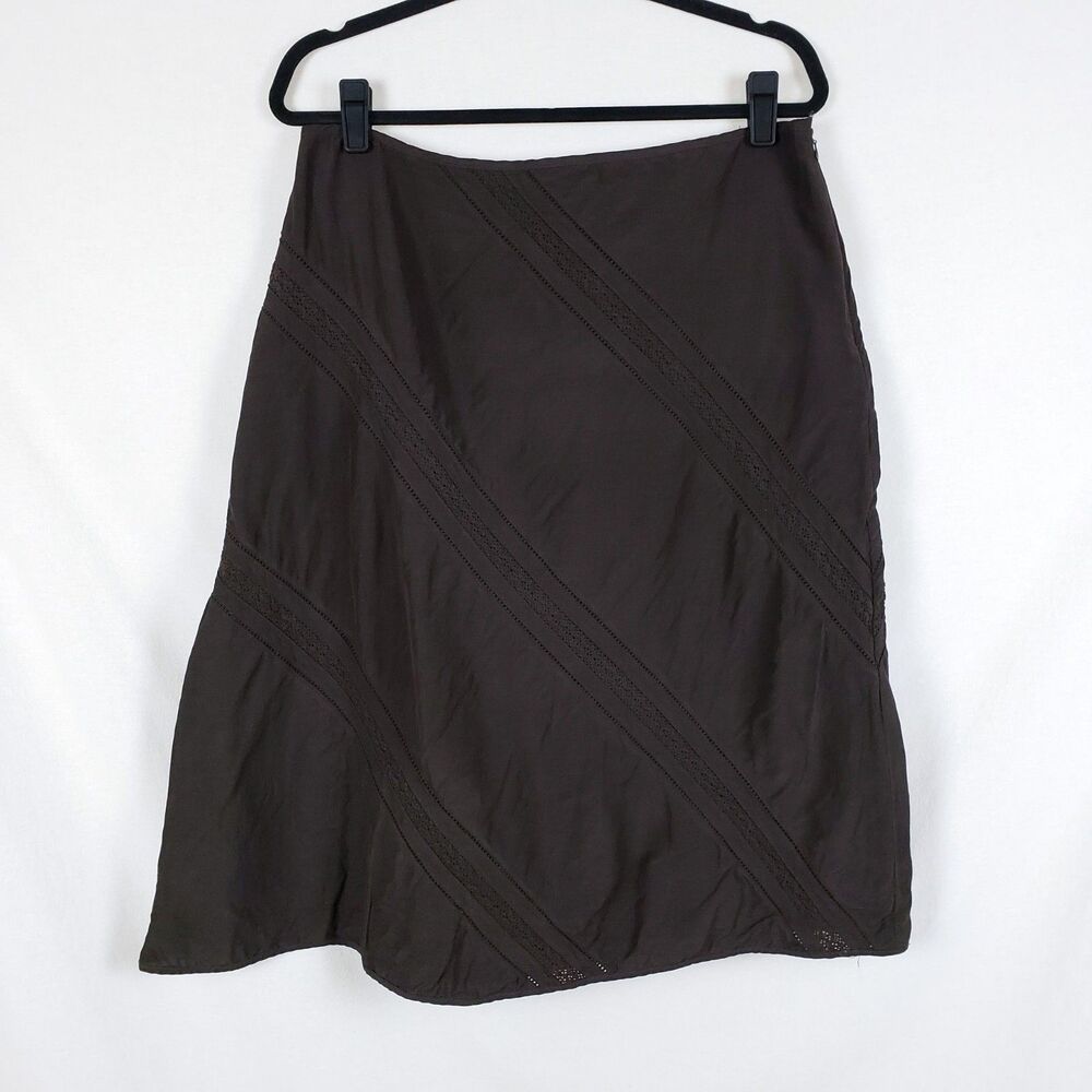 Hillard & Hanson Midi Skirt Womens L Brown Silk Linen Earthy Ren Faire Resort